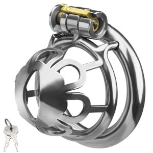 Stainless steel male chastity cage with lock and keys.