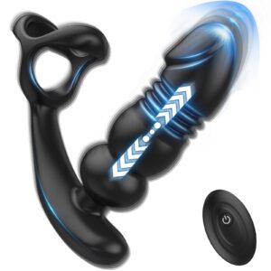 A black prostate vibrator with a penis ring attachment.