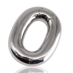 kinksterhub Heavy oval stainless steel testicle stretcher weighing 440 grams.
