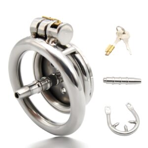 Metal Flat Chastity Cage Kit White Background with Various Accessories Displayed