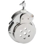 A small metal penis cage with an adjustable ring and a discreet button lock.