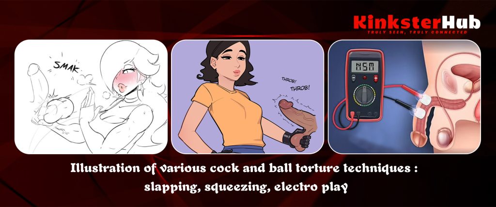Illustration of various cock and ball torture techniques: slapping, squeezing, electro play