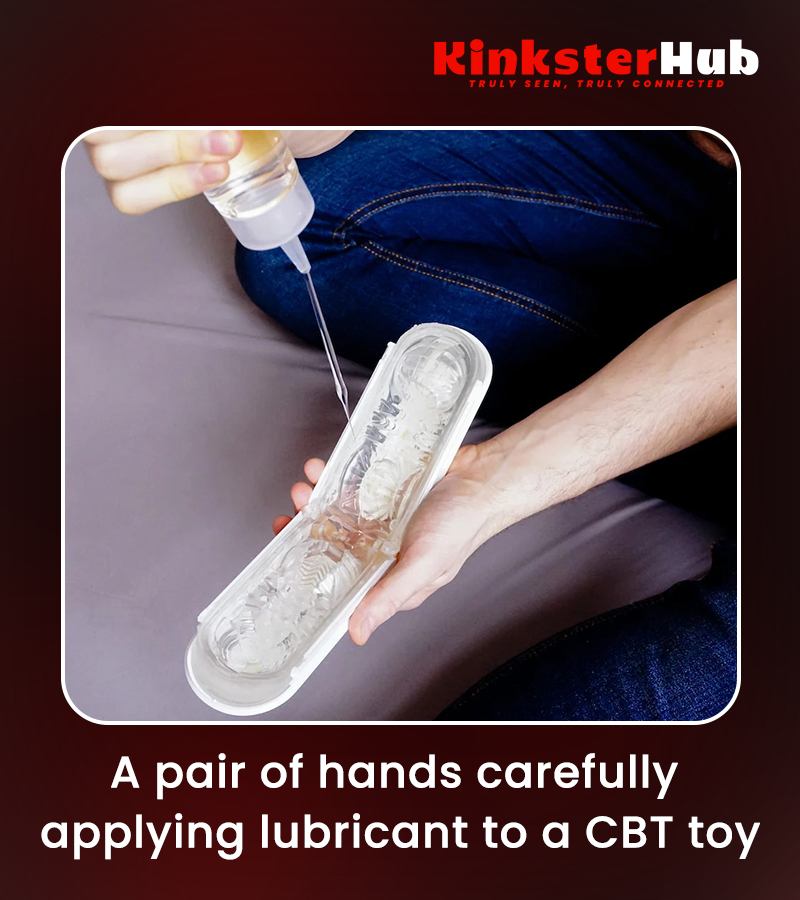 A pair of hands carefullyapplying lubricant to a CBT toy