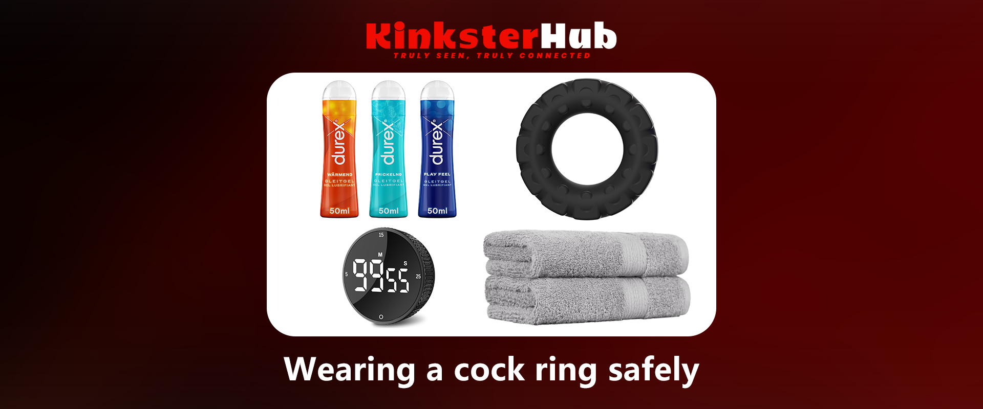 Flat lay of cock ring, lube, towel, and timer