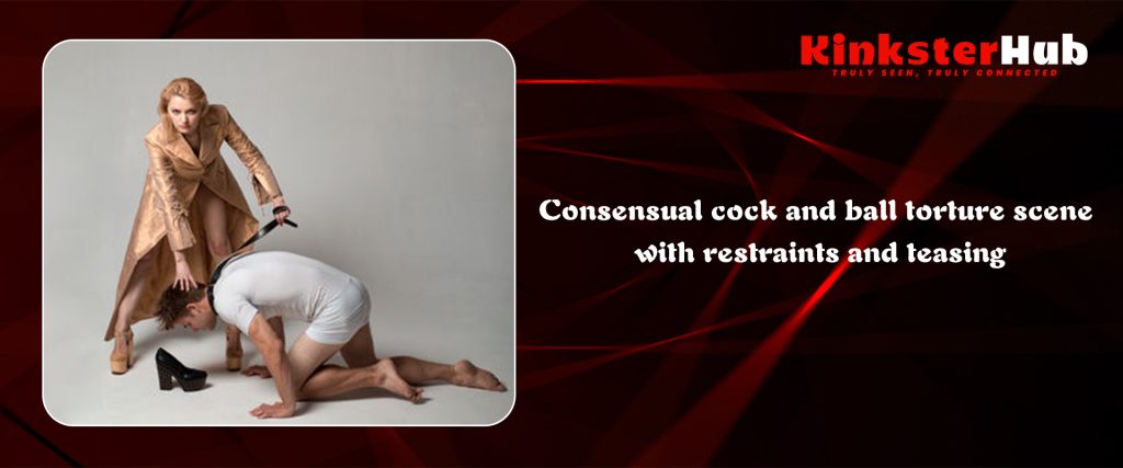 Consensual cock and ball torture scene with restraints and teasing