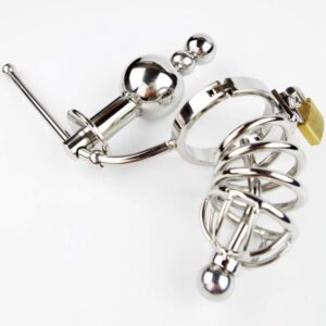 Stainless Steel Chastity Belt with Cock Cage & Catheter for Men